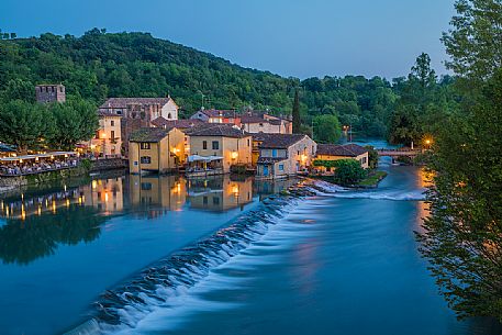 The picturesque town of Borghetto at twilight, Valeggio sul Mincio, Veneto, Italy, Europe The picturesque town of Borghetto at twilight, Valeggio sul Mincio, Veneto, Italy, Europe