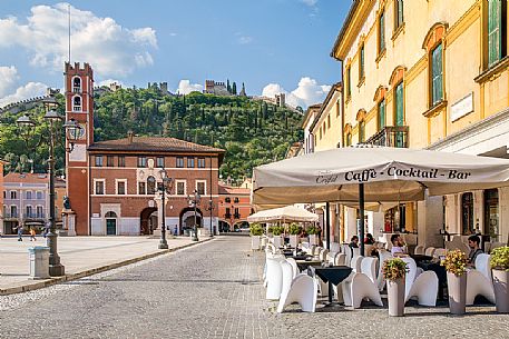 Piazza degli Scacchi or Castello square and view towards the Superiore castle of Marostica, Veneto, Italy, Europe