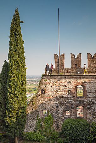 Tourists on the towers of the Upper Castle or Castello Superiore of Marostica, Veneto, Italy, Europe