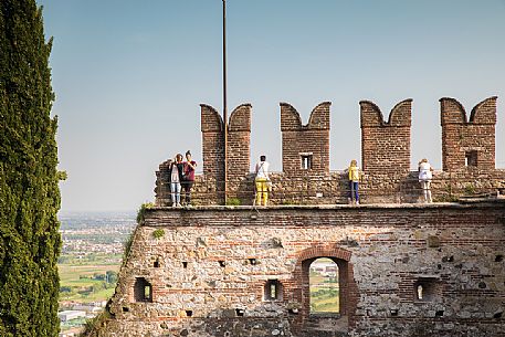 Tourists on the tower of the Upper Castle or Castello Superiore of Marostica, Veneto, Italy, Europe