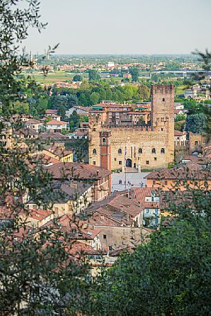 The Lower Castle or Castello Inferiore of Marostica framed by olive trees, Veneto, Italy, Europe