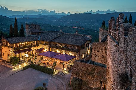 The elegant restaurant ''Al Castello Superiore'' castle of  Marostica by night, Vicenza, Veneto, Italy