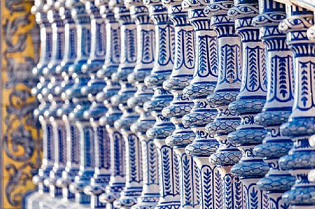 Ceramic detail of a bridge in the Plaza de Espana, one of the most spectacular architectural spaces in the city of Seville and neo-Moorish architecture, Seville, Spain, Europe