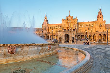 Fountain in the Plaza de Espana and in the background the government building, Seville, Andalusia, Spain, Europe