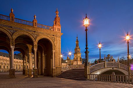 The Plaza de Espana at twilight, Seville Andalusia, Spain, Europe