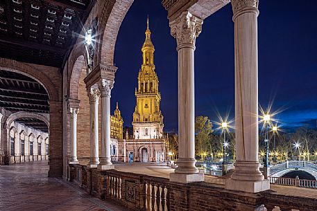 The Plaza de Espana by night, Seville, Spain, Europe The Plaza de Espana by night, Seville, Spain, Europe
