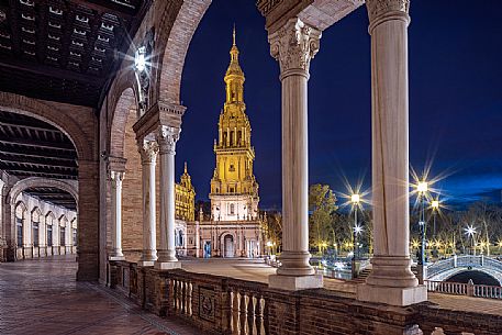 The Plaza de Espana by night, Seville, Spain, Europe