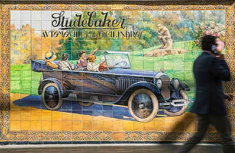 Advertising banner of azulejos for the new model of the Studebaker Motors car of 1924, Seville, Andalusia, Spain, Europe Advertising banner of azulejos for the new model of the Studebaker Motors car of 1924, Seville, Andalusia, Spain, Europe