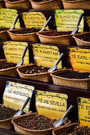 Assorted tea stall along the streets of the Barrio Santa Cruz, Seville, Spain, Europe