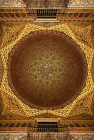 The dome of the Hall of Ambassadors, made of carved and gilded woven wood, in the Palace of the Real Alcazar, Seville, Andalusia, Spain, Europe