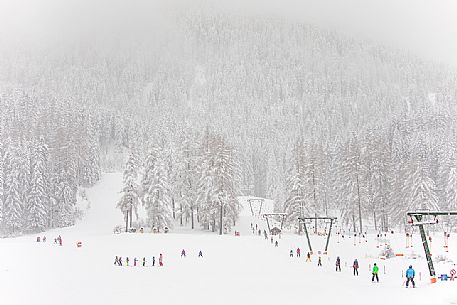 Slopes of ski for children under an intensive snowfall, Sesto, Alta Pusteria, dolomites, Trentino Alto Adige, Italy, Europe