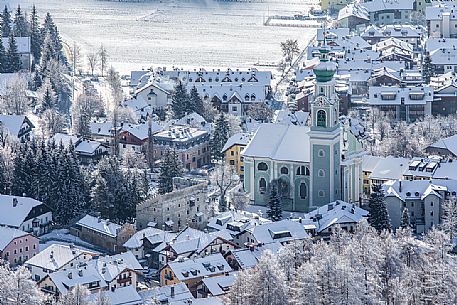 View from above of the village of Dobbiaco after an intense snowfall, Pusteria valley, dolomites, Trentino Alto Adige, Italy, Europe View from above of the village of Dobbiaco after an intense snowfall, Pusteria valley, dolomites, Trentino Alto Adige, Italy, Europe