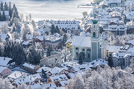 View from above of the village of Dobbiaco after an intense snowfall, Pusteria valley, dolomites, Trentino Alto Adige, Italy, Europe