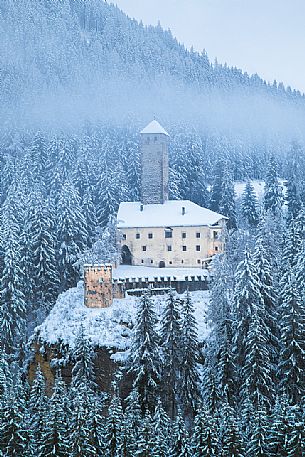 The Monguelfo castle in winter time, Pusteria valley, dolomites, Trentino Alto Adige, Italy, Europe