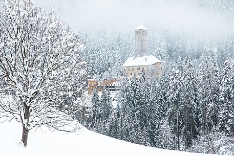 The Monguelfo castle in winter time, Pusteria valley, dolomites, Trentino Alto Adige, Italy, Europe