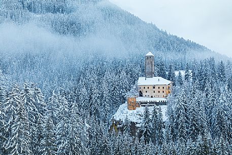 The Monguelfo castle in winter time, Pusteria valley, dolomites, Trentino Alto Adige, Italy, Europe
