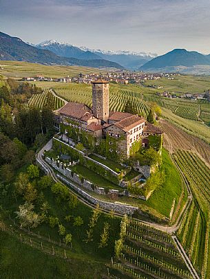 Valr Castle in the hill top of apple orchards, Val di  Non Valley, Tassullo, Trento, Trentino Alto Adige, Italy, Europe