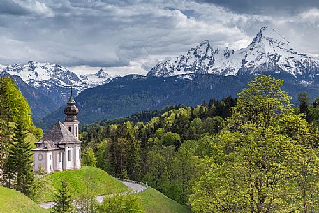 The pilgrimage church of Maria Gern against Funtenseetauern, Schoenfeldspitze and Watzmann, North of Berchtesgaden, Upper Bavaria, Germany, Europe The pilgrimage church of Maria Gern against Funtenseetauern, Schoenfeldspitze and Watzmann, North of Berchtesgaden, Upper Bavaria, Germany, Europe