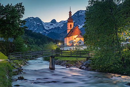 Parish church towards Reiter Alpe at twilight, Ramsau, Berchtegadener Land, Bavaria, Germany, Europe Parish church towards Reiter Alpe at twilight, Ramsau, Berchtegadener Land, Bavaria, Germany, Europe