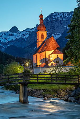 Parish church towards Reiter Alpe at twilight, Ramsau, Berchtegadener Land, Bavaria, Germany, Europe Parish church towards Reiter Alpe at twilight, Ramsau, Berchtegadener Land, Bavaria, Germany, Europe