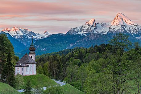 The pilgrimage church of Maria Gern against Funtenseetauern, Schoenfeldspitze and Watzmann at sunset, North of Berchtesgaden,  Upper Bavaria, Germany, Europe