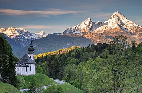 The pilgrimage church of Maria Gern against Funtenseetauern, Schoenfeldspitze and Watzmann at sunset, North of Berchtesgaden,  Upper Bavaria, Germany, Europe