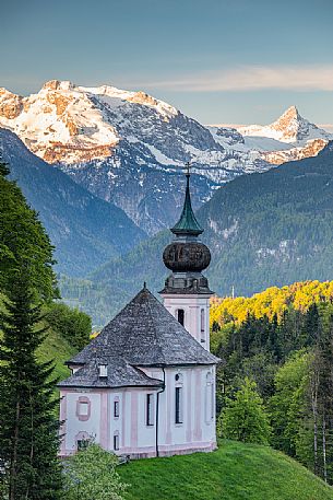 The pilgrimage church of Maria Gern against Funtenseetauern, Schoenfeldspitze and Watzmann at sunset, North of Berchtesgaden,  Upper Bavaria, Germany, Europe