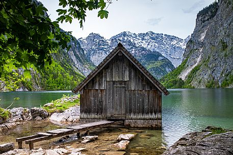 Fishing hut on lake Obersee against Watzmann mountain, Berchtesgaden National Park, Upper Bavaria. Germany Fishing hut on lake Obersee against Watzmann mountain, Berchtesgaden National Park, Upper Bavaria. Germany