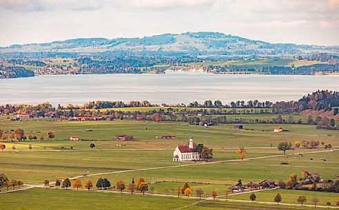 Lake Forggensee and landscape with German Alps in the background in the surrounding of Fssen village, Bayern, Germany, Europe