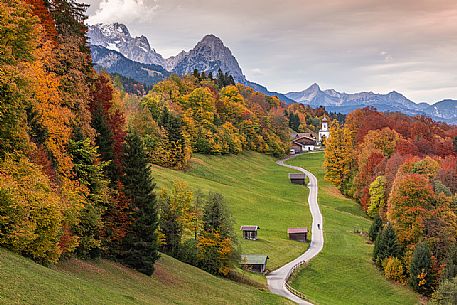 A picturesque village in autumnal clothing along the Romantische Straße,romantic road, Bayern, Germany