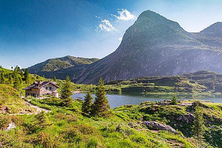 Colbricon lake and the hut, San Martino di Castrozza, dolomites, Trentino Alto Adige, Italy, Europe