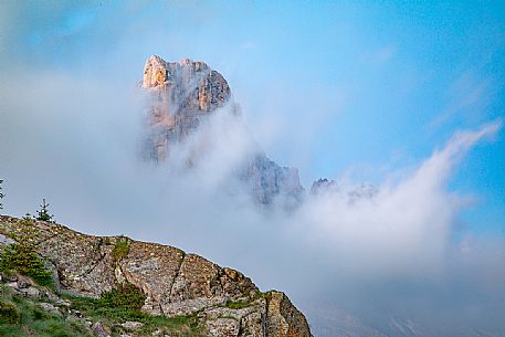The Cimon della Pala of Pale di San Martino group wrapped by clouds, San Martino di Castrozza, dolomites, Trentino Alto Adige, Italy, Europe