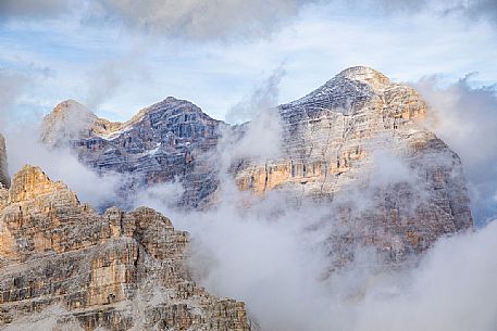 The Tofana di Rozes sourranded by clouds, Cortina d' Ampezzo, dolomites, Veneto, Italy, Europe