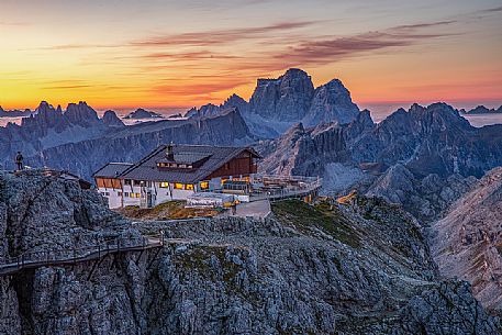 Sunrise at the Lagazuoi Refuge with Pelmo Mount on background, Cortina d'Ampezzo, dolomites, Veneto, Italy Sunrise at the Lagazuoi Refuge with Pelmo Mount on background, Cortina d'Ampezzo, dolomites, Veneto, Italy