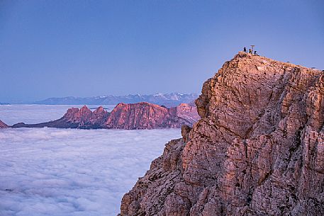 Tourists on the top of Lagazuoi mount, the  clouds wrap the mountains, Cortina d'Ampezzo, Veneto, Italy, Europe