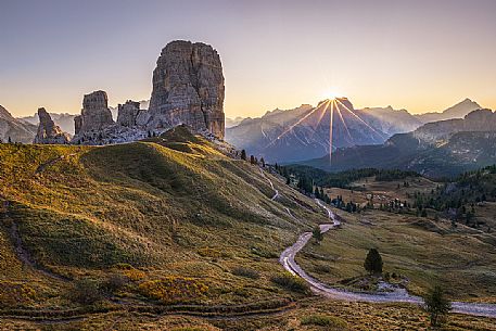 The Cinque Torri mount during the sunrise, Cortina d'Ampezzo, dolomites, Veneto, Italy, Europe