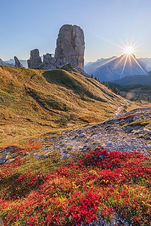 The Cinque Torri mount during an autumnal sunrise, Cortina d'Ampezzo, dolomites, Veneto, Italy, Europe