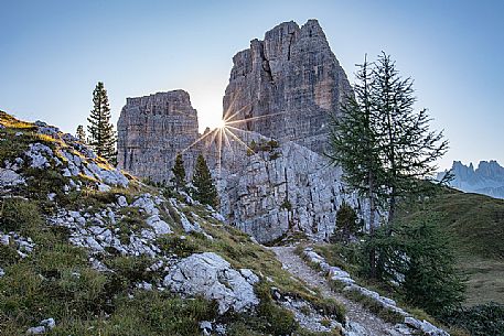 Unusual view of Cinque Torri at dawn, Cortina d'Ampezzo, dolomites, Veneto, Italy, Europe Unusual view of Cinque Torri at dawn, Cortina d'Ampezzo, dolomites, Veneto, Italy, Europe