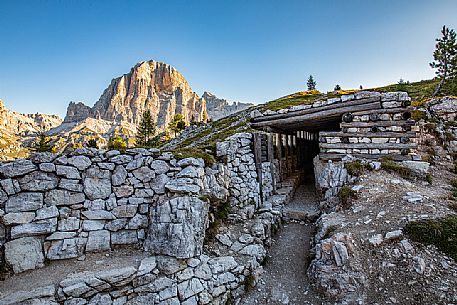 Trenches of the World War near Cinque Torri mount, on the background the Tofana di Rozes, Cortina d'Ampezzo, dolomites, Veneto, Italy, Europe Trenches of the World War near Cinque Torri mount, on the background the Tofana di Rozes, Cortina d'Ampezzo, dolomites, Veneto, Italy, Europe