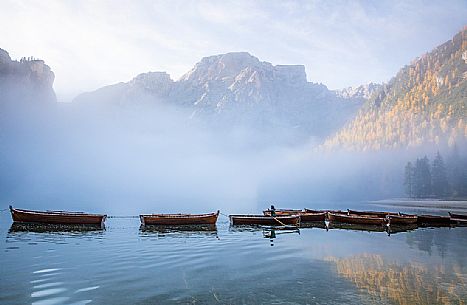 Row of boats moored in the lake of Braies in autumn, dolomites, Pusteria valley, Trentino Alto Adige, South Tyrol, Italy, Europe Row of boats moored in the lake of Braies in autumn, dolomites, Pusteria valley, Trentino Alto Adige, South Tyrol, Italy, Europe