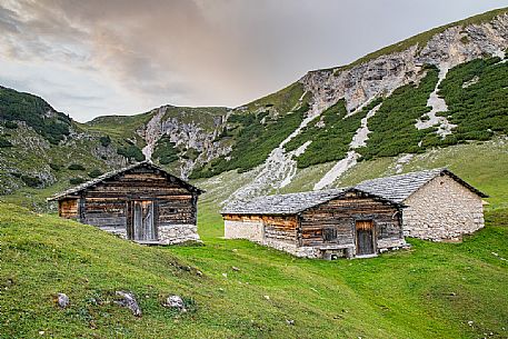 Huts along path leading to the Colli Alti Hut, Pusteria Valley, dolomites, Trentino Alto Adige, Italy, Europe Huts along path leading to the Colli Alti Hut, Pusteria Valley, dolomites, Trentino Alto Adige, Italy, Europe