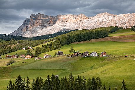 The fields in La Villa and Sasso della Croce mountain (Kreuzkofel) in the background, Badia valley, dolomites, Trenino Alto Adige, Italy, Europe