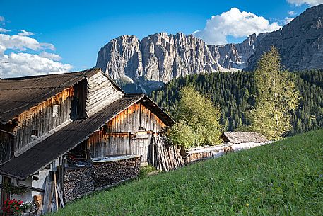 Wooden house in the rural village of Longiaru in San Martino in Badia, Badia valley, dolomites, Trenino Alto Adige, Italy, Europe Wooden house in the rural village of Longiaru in San Martino in Badia, Badia valley, dolomites, Trenino Alto Adige, Italy, Europe