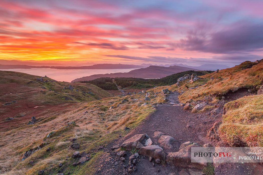 The sky is on fire during the sunrise at Trotternish Hills