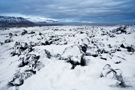 Fresh snow on the lava field during a cold morning
