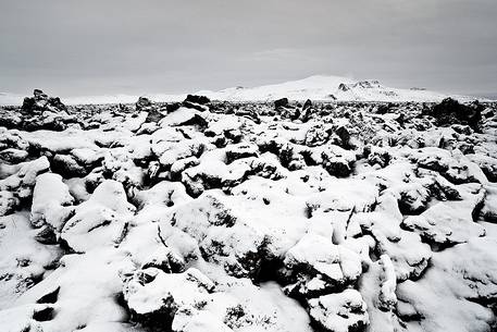 Fresh snow on the lava field during a cold morning