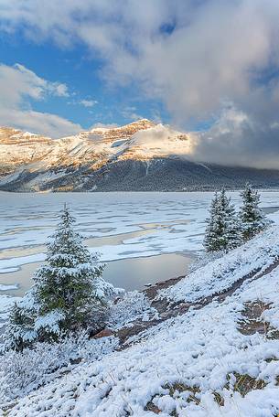 The scenary at Bow Lake looks amazing after a fresh snow storm in June