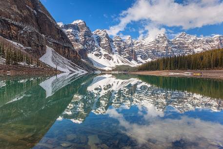 The quite vision of Moraine lake one of the most beautiful landscape of the Rockies