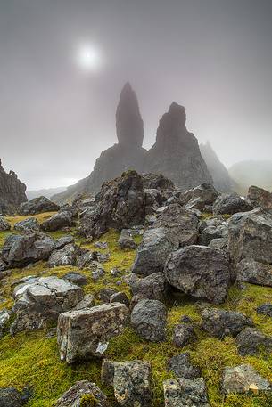 Old Man Of Storr.
The ancient landscape above the Trotternish Hills during a rainy day.