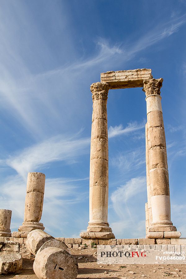 View from below of the columns ruins of Hercules temple in Amman Citadel, Jordan